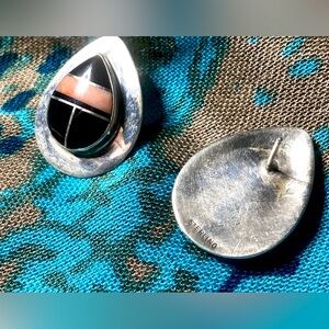 Vintage Native American Sterling Silver Coral And Onyx Inlay Post Earrings